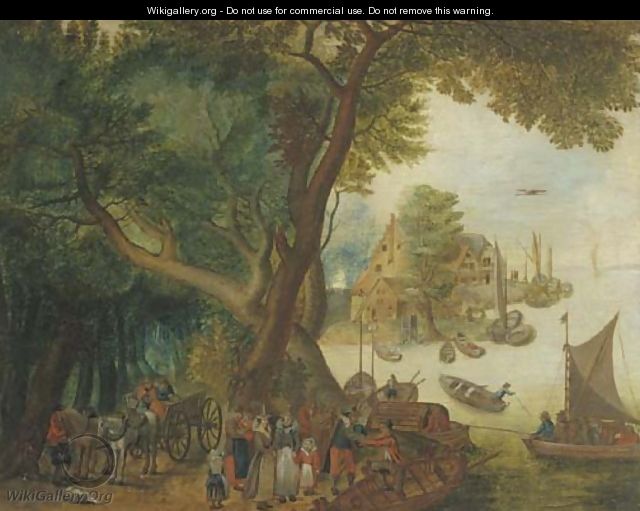 A river landscape with elegant figures, a village and sailing boats in the distance - Jan The Elder Brueghel