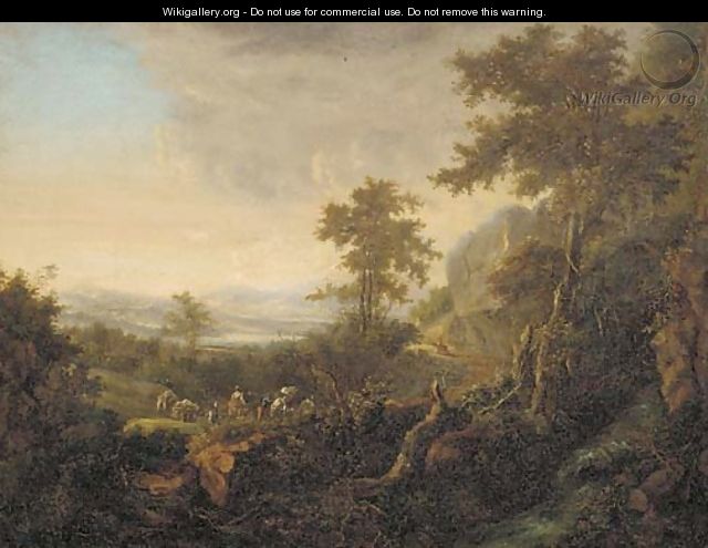 An extensive river landscape with travellers on a hillside path - (after) Jan Both