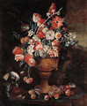 Flowers in a gilt urn with a songbird and fruit strewn on the ground in a landscape - Jan-baptist Bosschaert