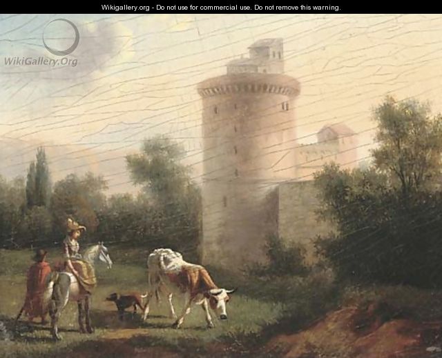 A landscape with a lady on horseback, classical building beyond - (after) Jan Asselyn