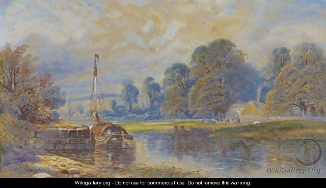 A barge moored on a river, with cattle grazing before a hamlet beyond - (after) James Burrell Smith