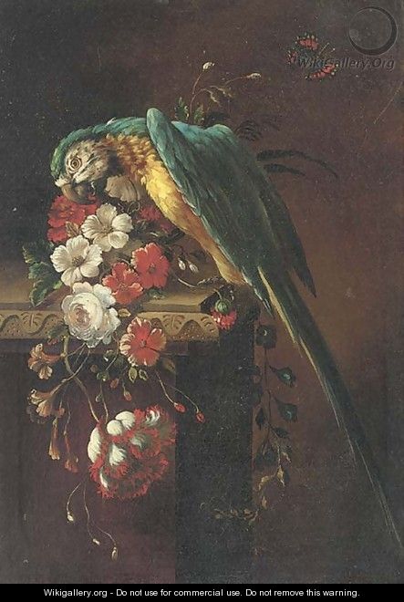 A macaw on a stone ledge, with poppies, flowers and a butterfly to the side - (after) Jacob Bogdani