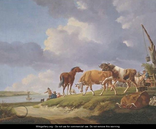 A river bank with herdsmen resting and tending their cattle - (after) Jacob Van Strij