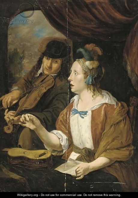 An elegant couple making music in an interior - (after) Jacob Toorenvliet