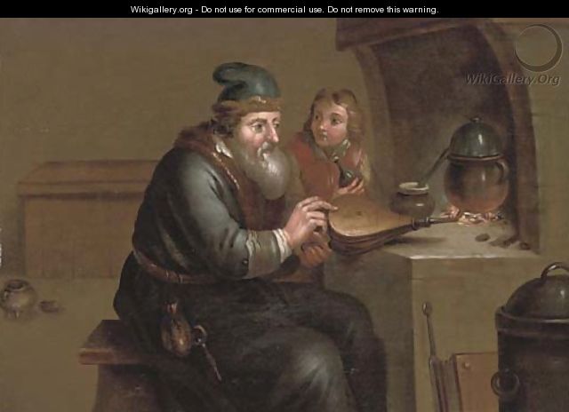 An alchimist with his apprentice by a fire - (after) Jacob Toorenvliet
