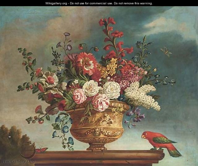 Summer flowers in a vase on a plinth, with a parrot and butterfly to the side; and Another similar - Jean-Baptiste Monnoyer