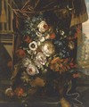 Roses, convulvulae, poppies and other summer flowers in an urn by a draped pillar - Jean-Baptiste Monnoyer