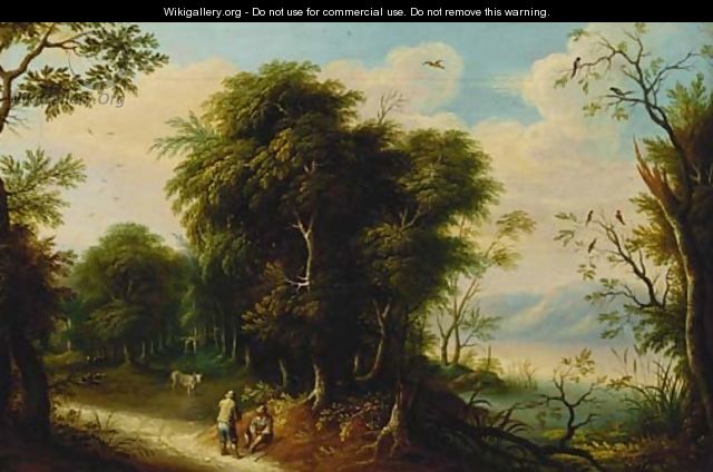 A wooded river landscape with figures on a track - (after) Jasper Van Der Lanen