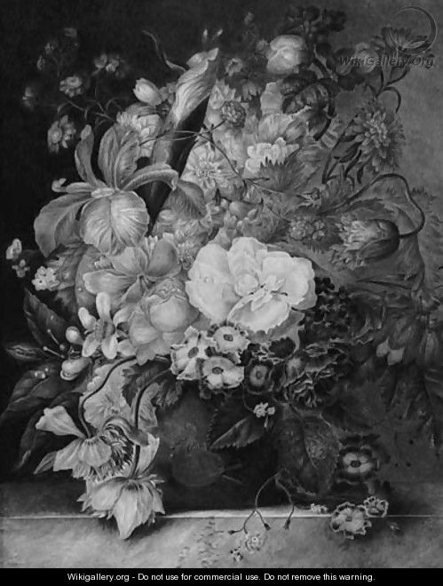 Still Life Of Irises, Roses, Violets And Other Flowers In A Vase On A Ledge - (after) Jan Van Os