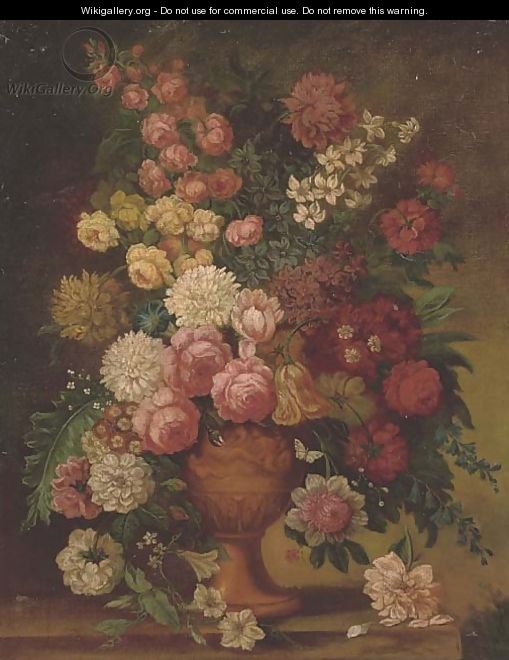 Roses, chrysanthemums, a parrot tulip, morning glory, narcissi and other flowers in a carved urn on a ledge - (after) Jan Van Os