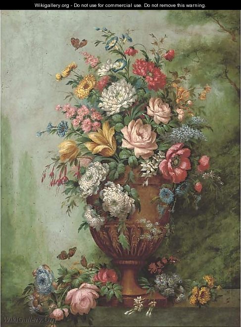 Roses, carnations, poppies, morning glory, chrysanthemums and other flowers in a sculpted urn on a stone ledge - (after) Jan Van Os