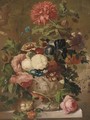 Roses, carnations and other flowers in a sculpted vase on a ledge with a bird's nest - (after) Jan Van Os