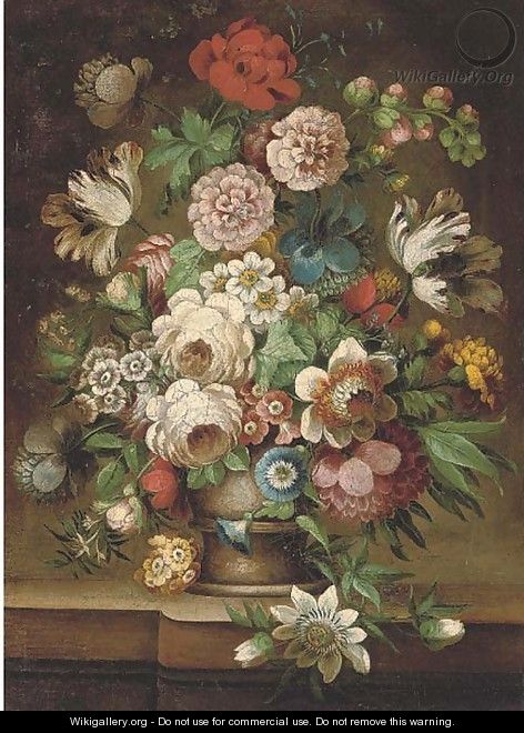Parrot tulips, roses, carnations, a poppy, morning glory and other flowers in an urn on a stone ledge - (after) Jan Van Os