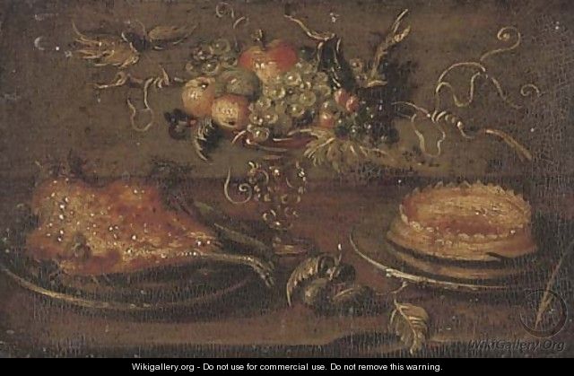 A roast on a platter, a cake, an apple, a pear, peaches and grapes in a tazza on a stone ledge - Jan van Kessel