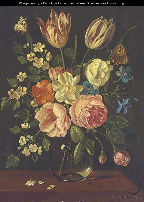 A parrot tulip, roses and other mixed flowers in a glass vase on a ledge with a butterfly - Jan van Kessel
