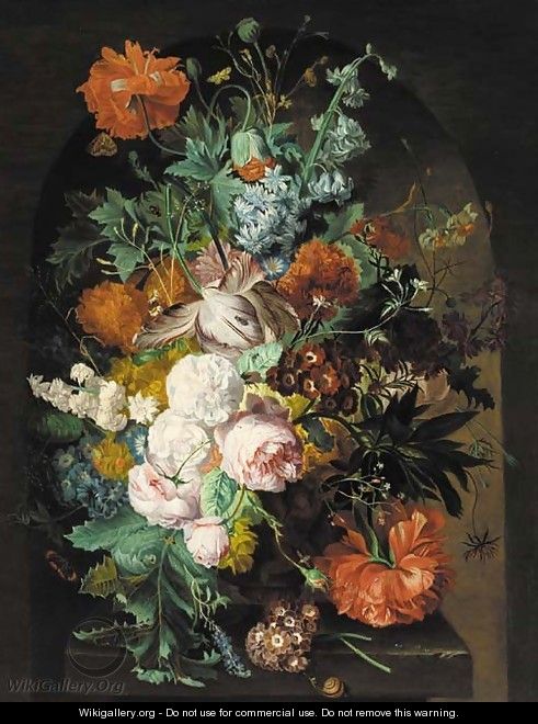 Parrot tulips, roses, poppies, carnations, morning glory, chrysanthemums in an urn on a stone ledge, with a snail, butterflies and other insects - (after) Huysum, Jan van
