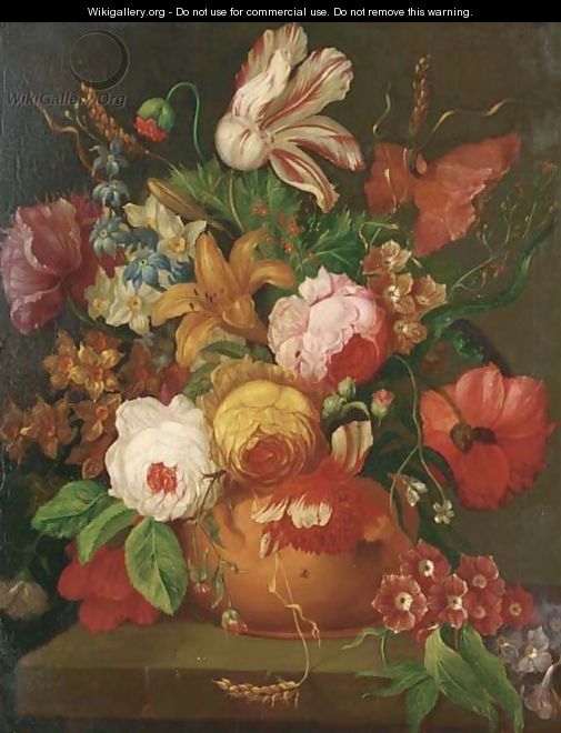 A parrot tulip, roses, narcissi and other flowers in a vase on a stone ledge - (after) Huysum, Jan van