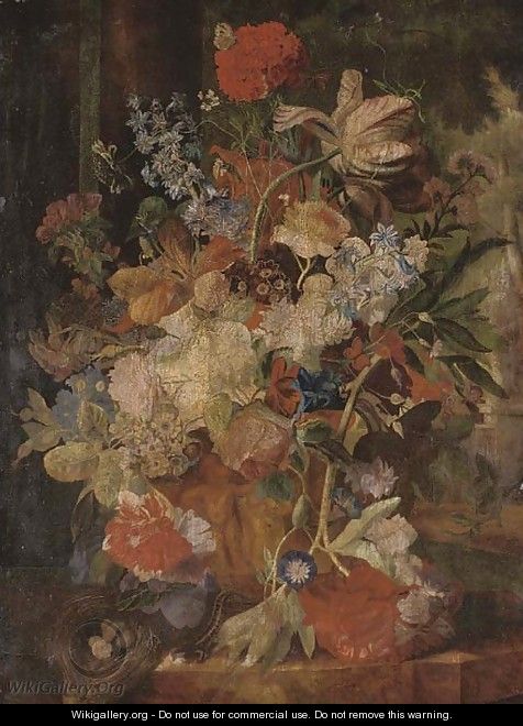 Tulips, morning glory, and other flowers in a sculpted urn with a birds nest on a ledge, figures in a garden beyond - (after) Huysum, Jan van