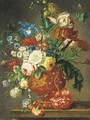 Roses, tulips, carnations, morning glory, daffodils and other flowers in a vase on a ledge - (after) Huysum, Jan van