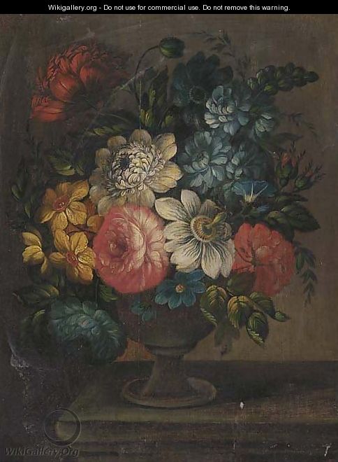 Roses, morning glory, a passion flower and other flowers in a stone vase on a stone ledge - (after) Huysum, Jan van