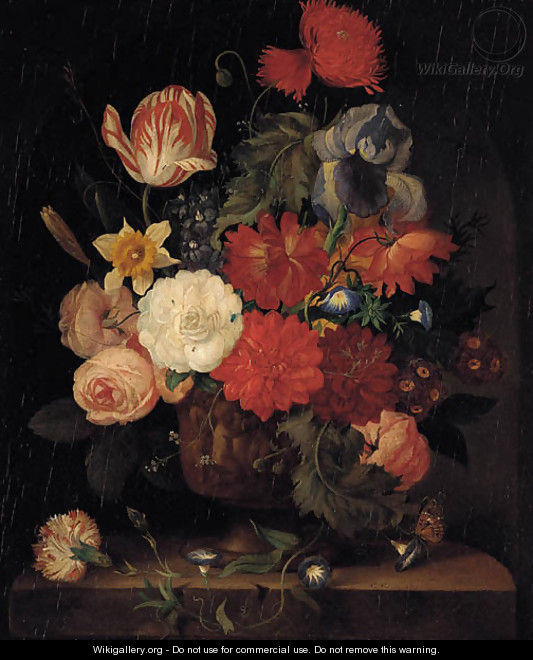 Roses, carnations, morning glories, tulips and other flowers in a vase on a ledge in a niche - (after) Huysum, Jan van