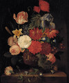 Roses, carnations, morning glories, tulips and other flowers in a vase on a ledge in a niche - (after) Huysum, Jan van