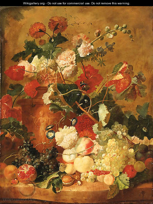 Roses, Carnations and other Flowers in a sculpted terracotta Vase with a Pomegranate, Peaches, Plums, Grapes, a Walnut, Hazelnuts and Currants - (after) Huysum, Jan van