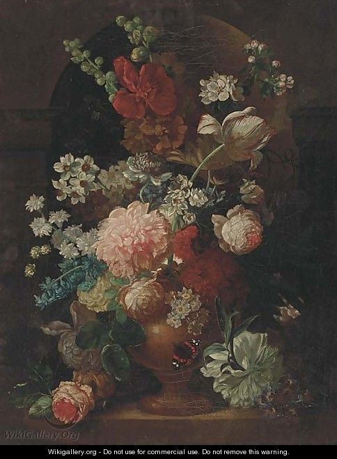 A parott tulip, roses, morning glory and other flowers in an urn in a niche, with a butterfly - (after) Huysum, Jan van