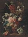 A parott tulip, roses, morning glory and other flowers in an urn in a niche, with a butterfly - (after) Huysum, Jan van