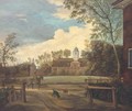An elegant traveller and two dogs before a country house - (after) Jan Van Der Heyden