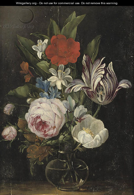 Roses, a tulip and other flowers in a glass vase - Jan van den Hecke