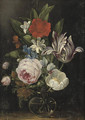 Roses, a tulip and other flowers in a glass vase - Jan van den Hecke