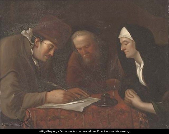 A widow and two gentleman in an interior writing a letter - (after) Jan Steen