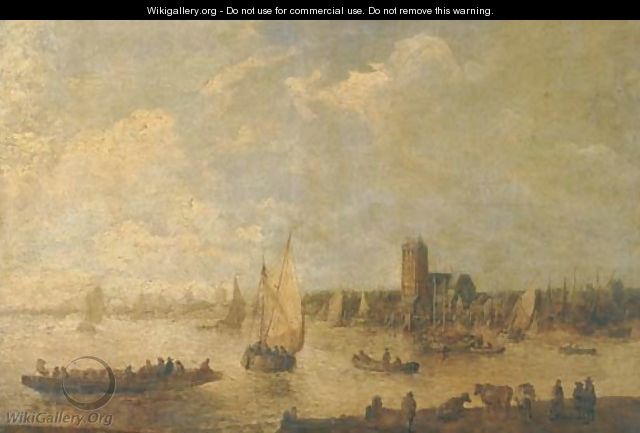 A river landscape with shipping and fishermen in rowing boats and cattle grazing in the foreground, a city beyond - (after) Jan Van Goyen