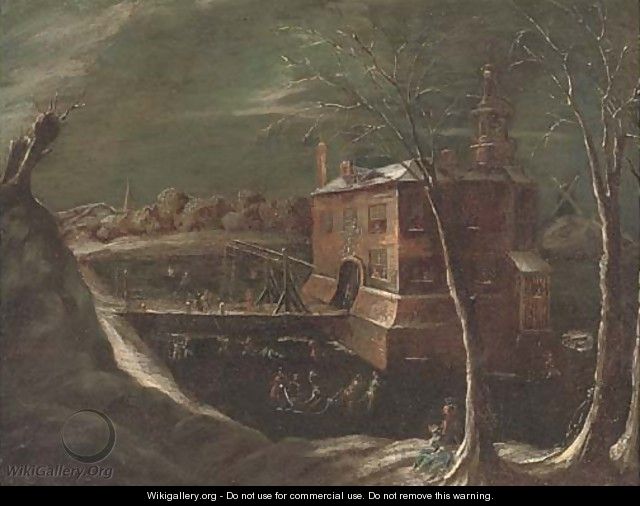 A moonlit winter landscape with skaters on a frozen lake, a mansion beyond - (after) Joseph Van Bredael