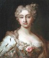 Portrait of an elegant lady, bust-length, in a dress set with lace and flowers with an ermine wrap and flowers in her hair - (after) Jean-Marc Nattier