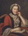 Portrait of a lady, half-length, in a red fur-lined coat and with lace headdress, seated at a secretaire - (after) Jean-Marc Nattier