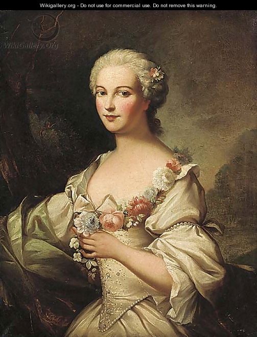 Portrait of a lady, half-length, in a red and gold dress with lace, holding roses in her hands - (after) Jean-Marc Nattier