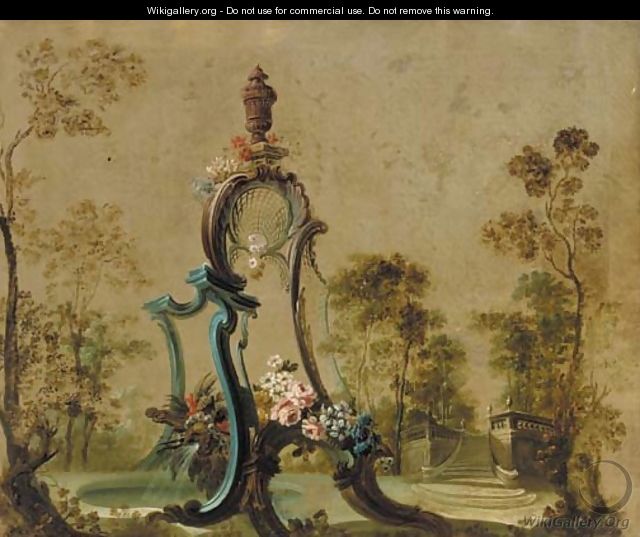 A decorative fountain in a garden - (after) Jean-Baptiste Pillement