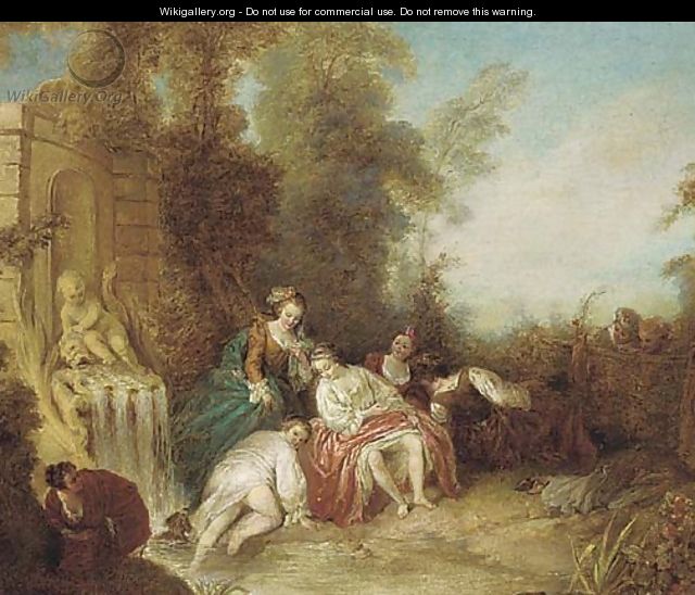 Ladies bathing at a fountain with onlookers by a fence - Jean-Baptiste Joseph Pater
