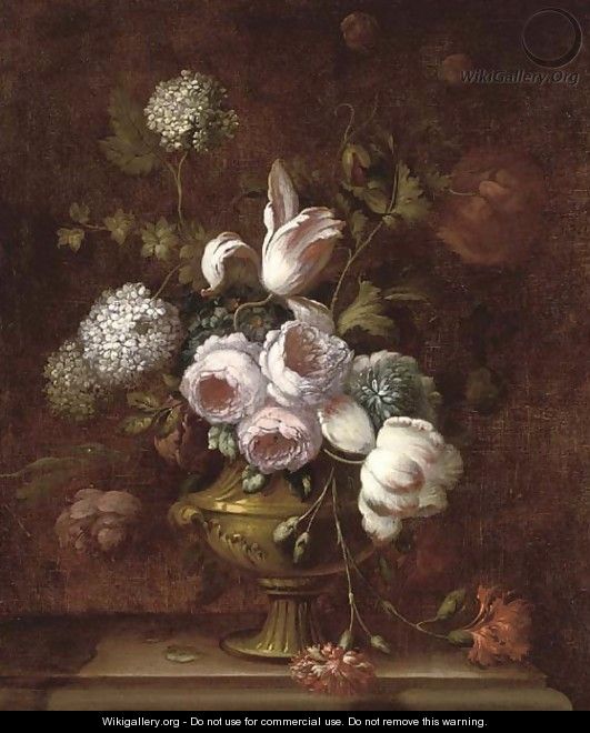Roses, tulips, carnations, morning glory and other flowers in an urn on a ledge - (after) Jean-Baptiste Monnoyer