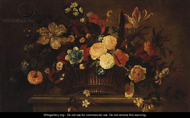 Roses, Tulips, Carnations, Morning Glory and other Flowers in a Basket on a Ledge - (after) Jean-Baptiste Monnoyer
