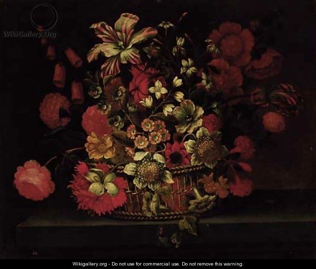 A basket of flowers on a ledge - (after) Jean-Baptiste Monnoyer