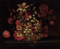A basket of flowers on a ledge - (after) Jean-Baptiste Monnoyer
