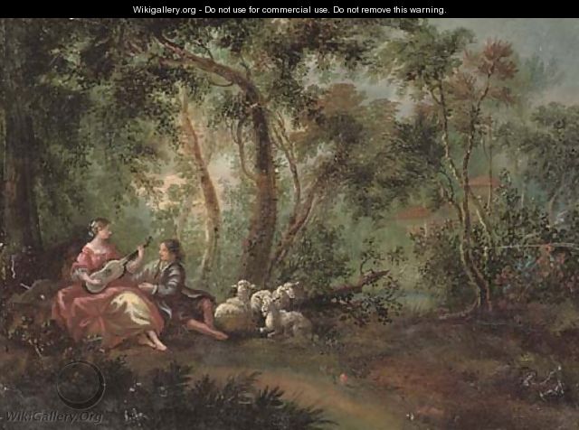A wooded river landscape with a shepherd and shepherdess making music - Jean-Antoine Watteau