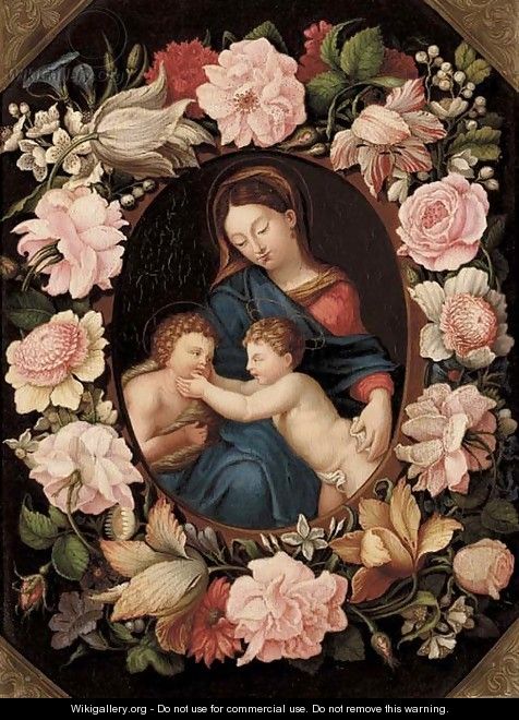 The Madonna and Child with the Infant Saint John the Baptist in a floral cartouche - (after) Erasmus II Quellin (Quellinus)