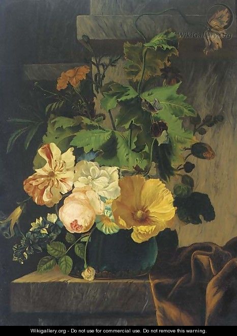 A rose, morning glory, carnations and other flowers on a glass vase on a partly draped marble ledge - Elias van den Broeck