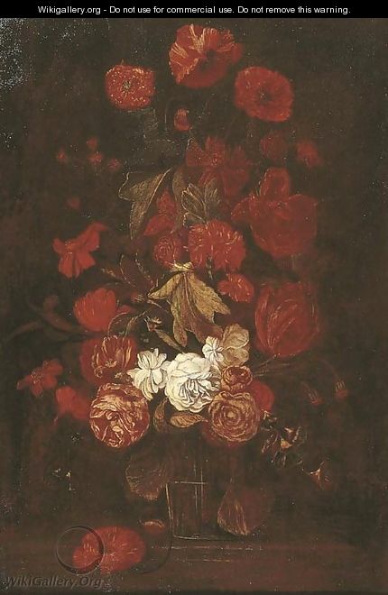 Roses and other flowers in a glass vase on a ledge - (after) Elias Van Den Broeck