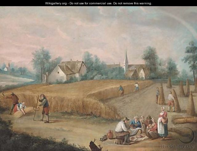 Skittle players in a village; and Peasants harvesting wheat and eating - (after) David The Younger Teniers