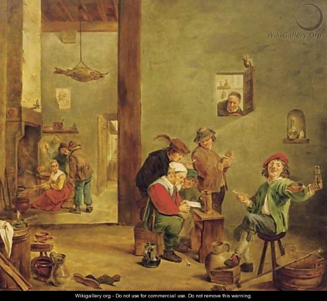 Peasants reading a letter, drinking and smoking in an inn, figures by a fireplace beyond - (after) David The Younger Teniers